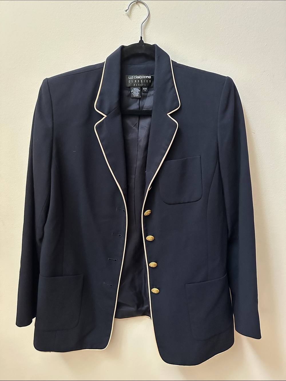 Vintage Liz Claiborne 100% Wool Navy Blazer with Cream Piping and Gold Buttons